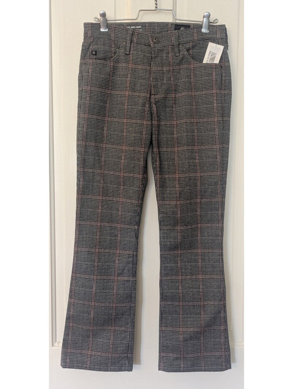 NWT AG JODI CROP HIGH RISE SLIM FLARE PLAID PANTS GLEN PLAID SILVER RED | SZ 26